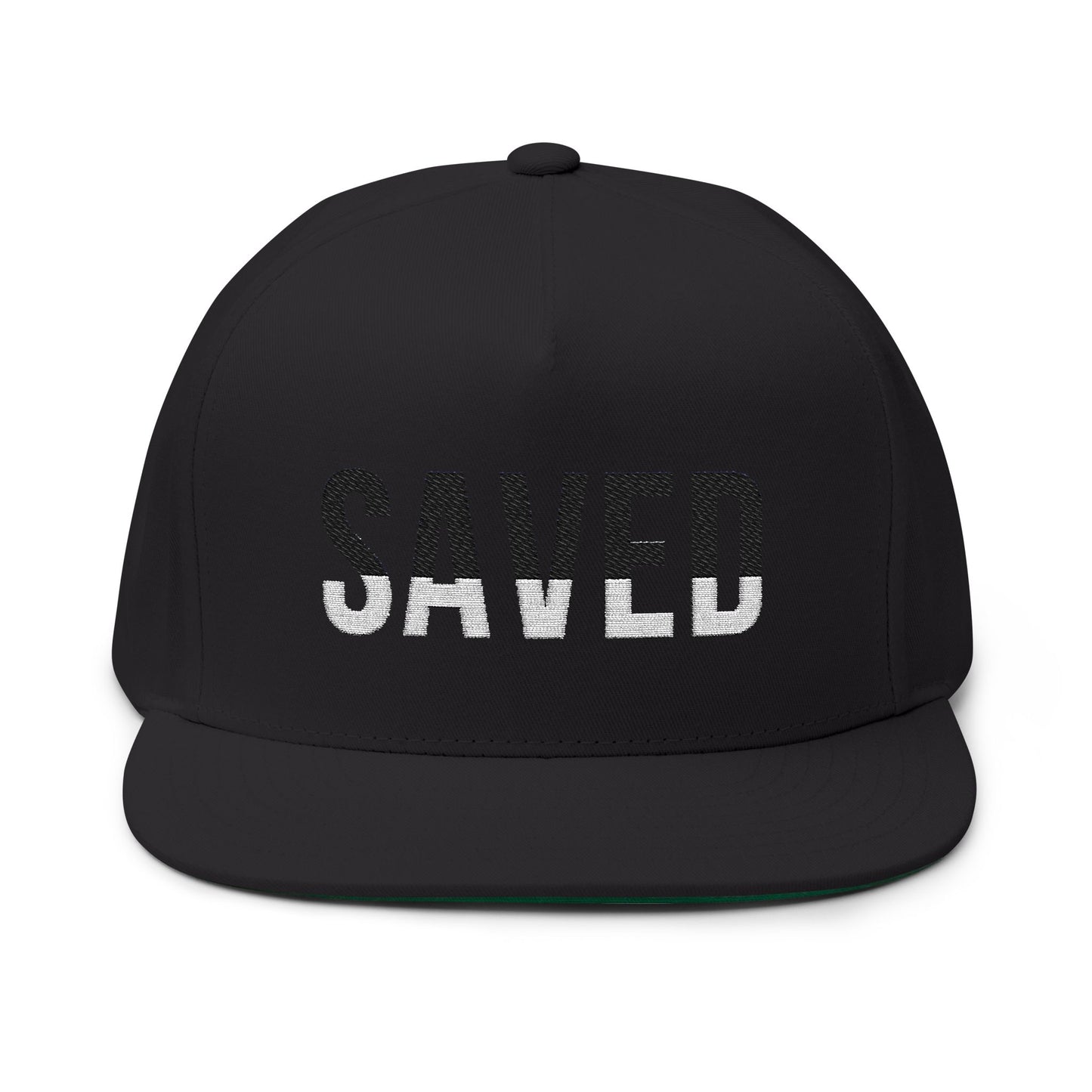 Saved Flat Bill Cap - Embroidery with Romans 10:9