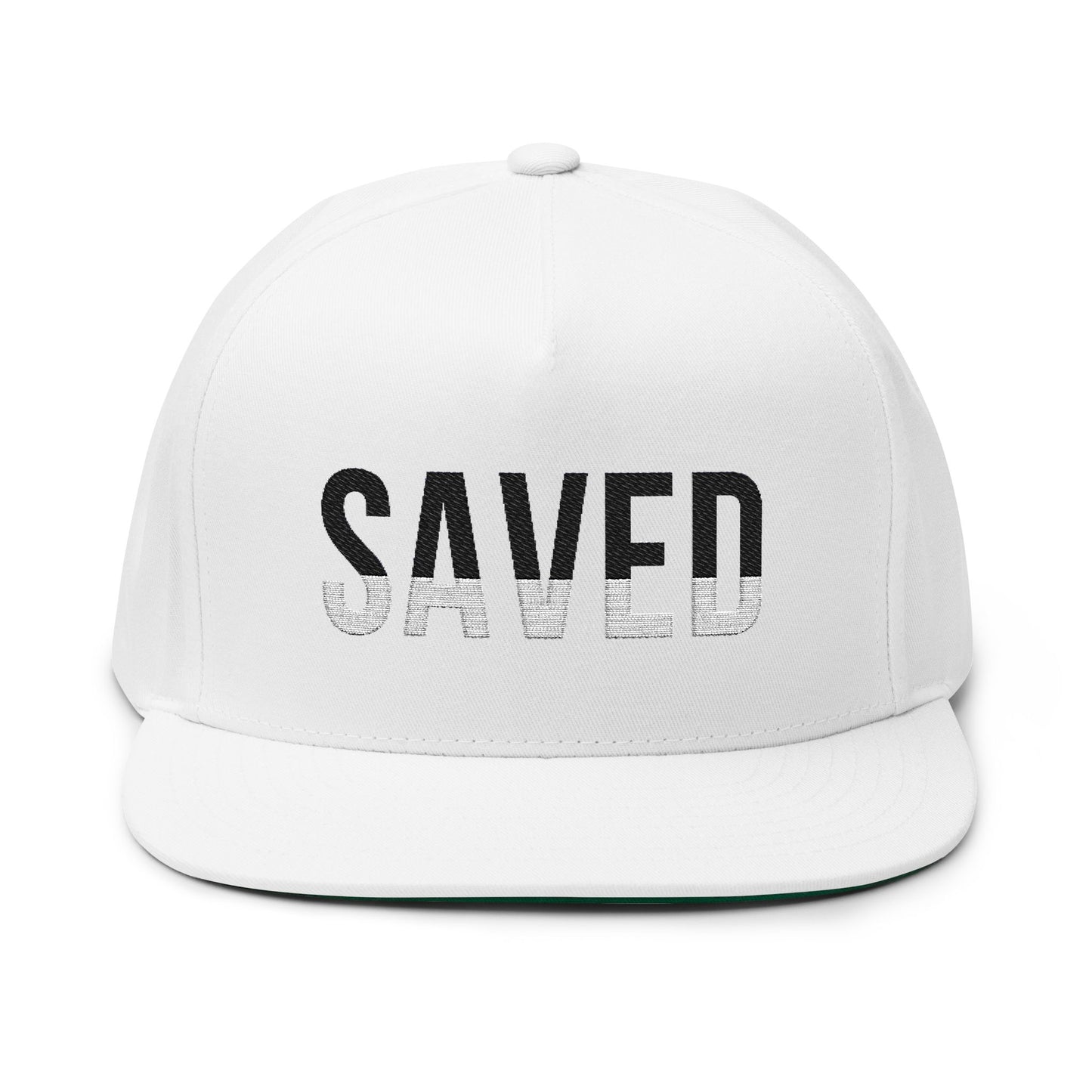 Saved Flat Bill Cap - Embroidery with Romans 10:9
